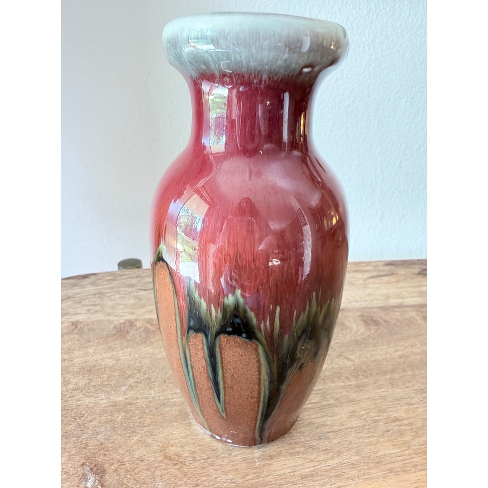 Hosley Pottery Red Drip Glaze Ceramic Vase Green Terracotta 6 Inch Vintage
